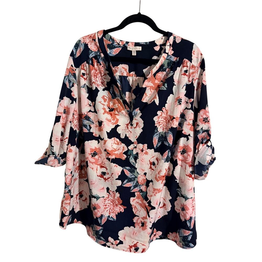 Eliane Rose Women’s Plus Size 3X Navy Floral Top Pink V-Neck Roll Tab Sleeve Top